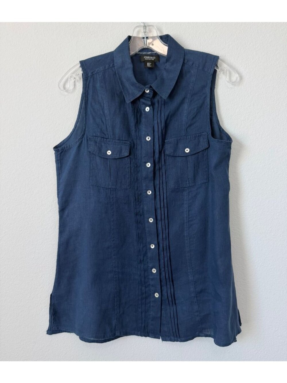 Jones & Co New York Sleeveless Button Up Collared 100% Linen Shirt Size S